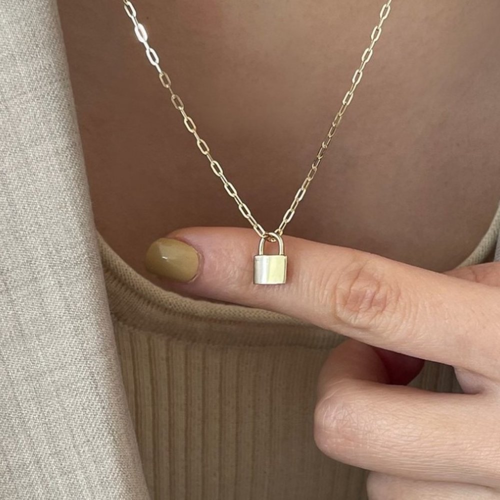 925 Sterling Silver Dainty Tiny Lock Necklace Dipped in 14K Gold